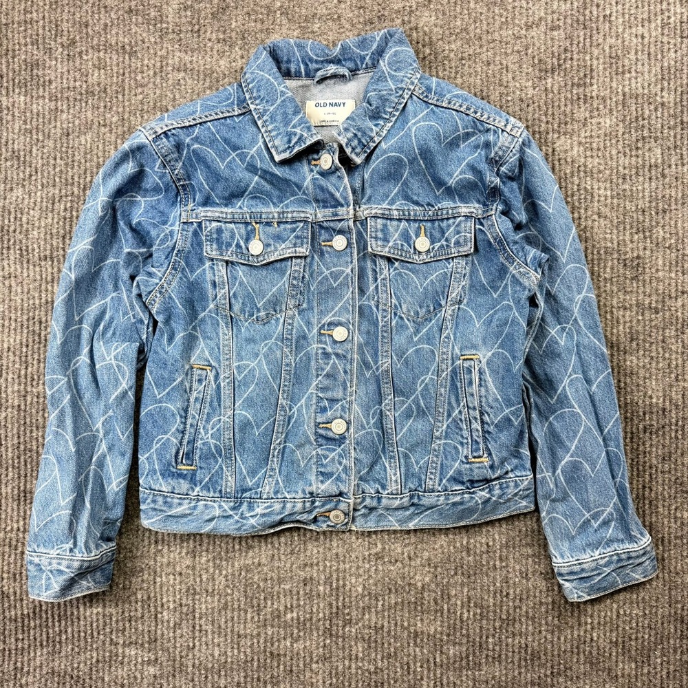 Old Navy Kids Blue Denim Heart Print Trucker Jacket Size L 10-12